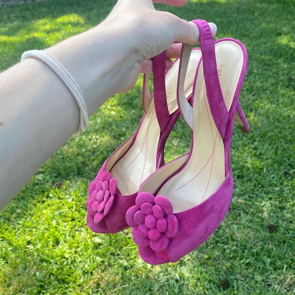 Kate Spade Pink Suede Flower Heels - Size 7.5